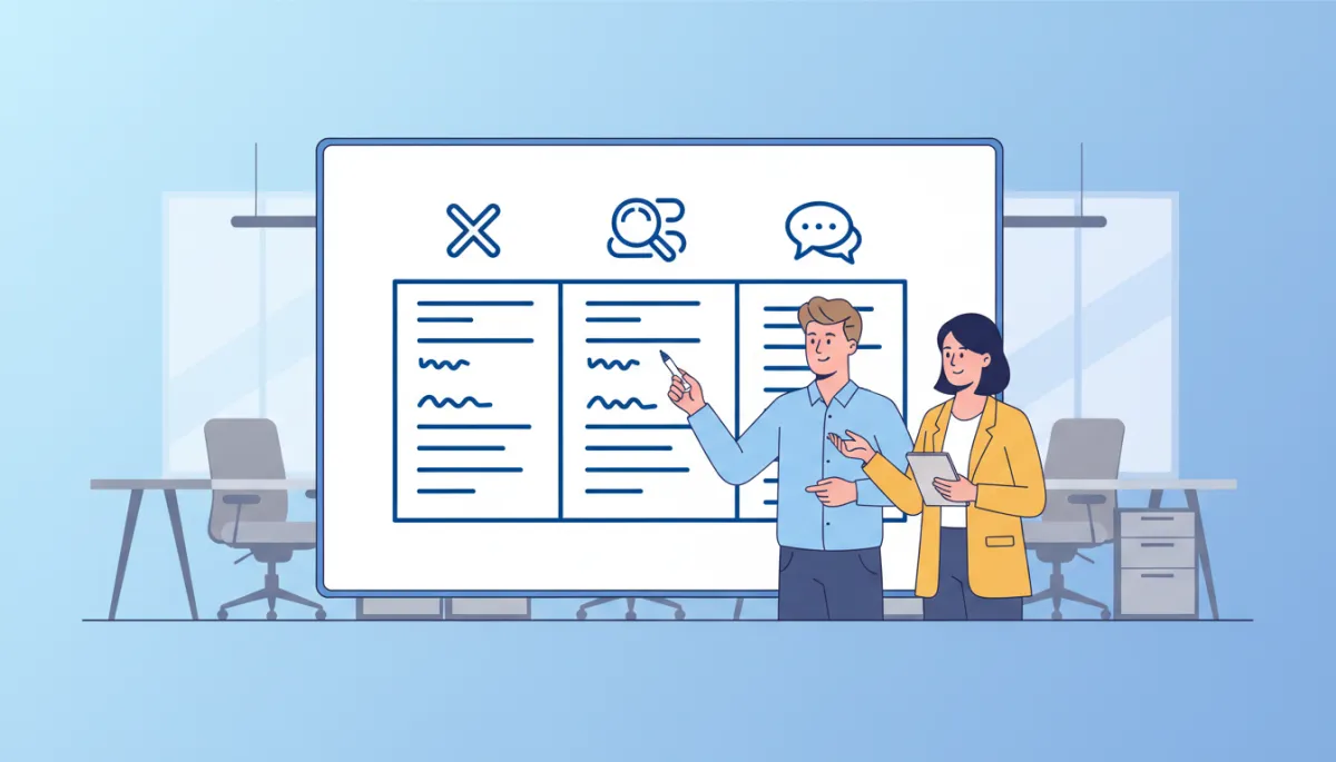 Simple chart or canvas on a whiteboard with columns for objection, hidden meaning, and response, founder and teammate discussing it in a startup office