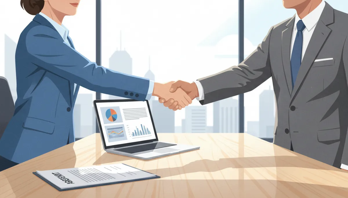 Close-up of two professionals shaking hands across a conference table, open laptop and contract visible, bright modern office background