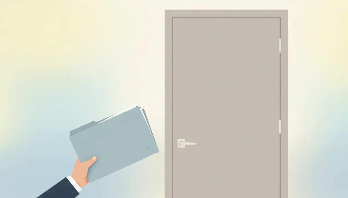 Founder holding a pitch deck folder outside a closed boardroom door