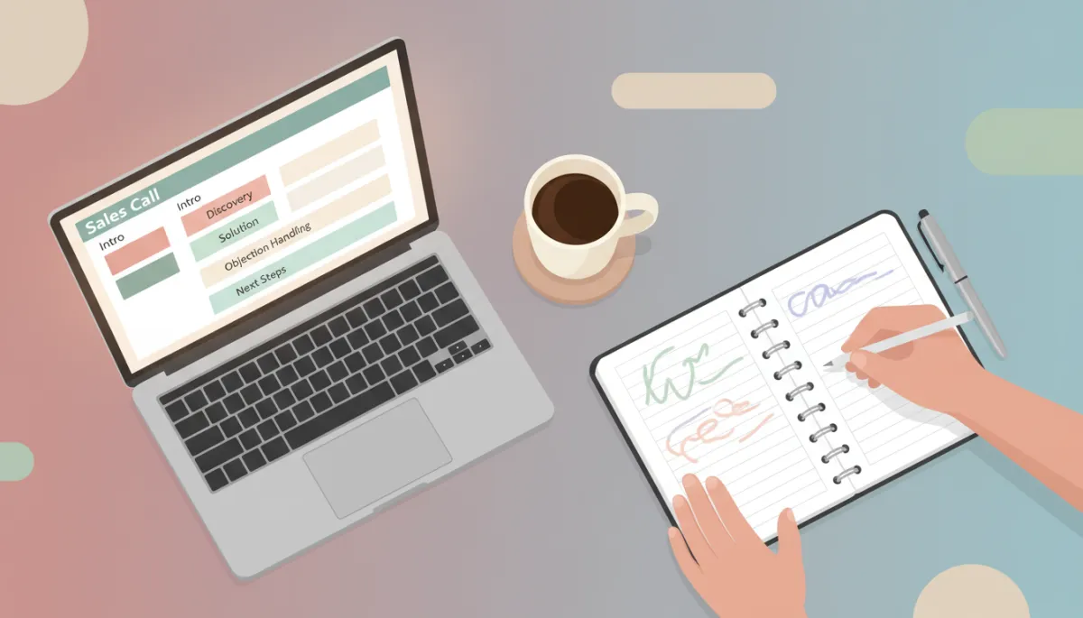 Founder following a structured sales call outline on a laptop while taking notes