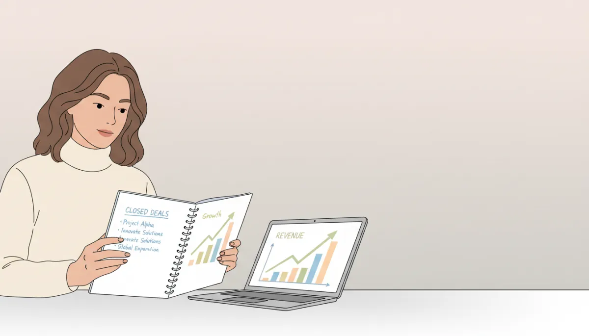 Founder reviewing a written list of closed deals next to an upward sales chart