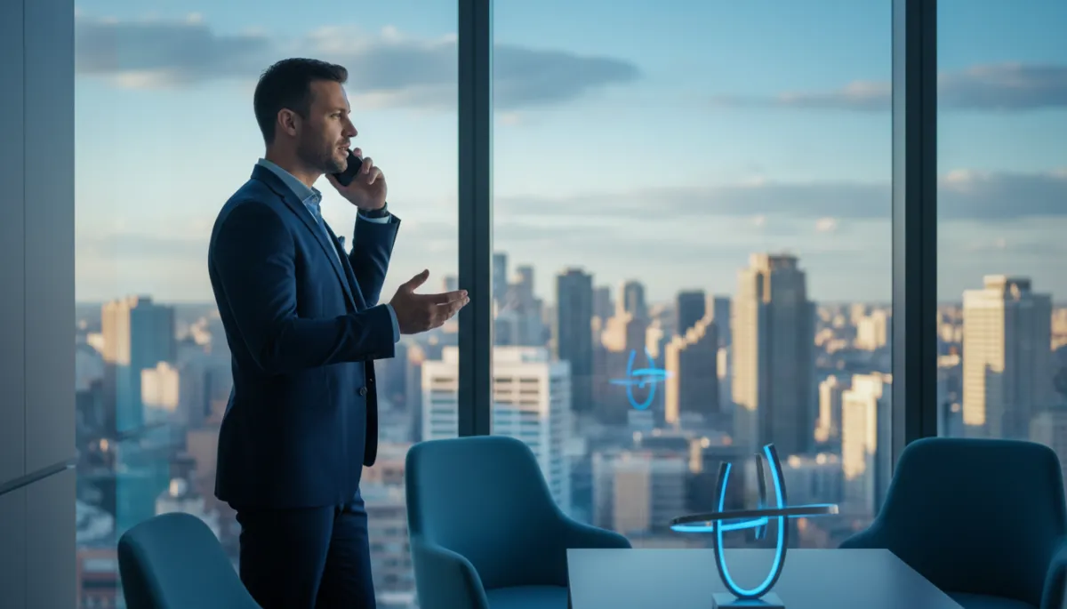 Founder making a confident sales call by a window