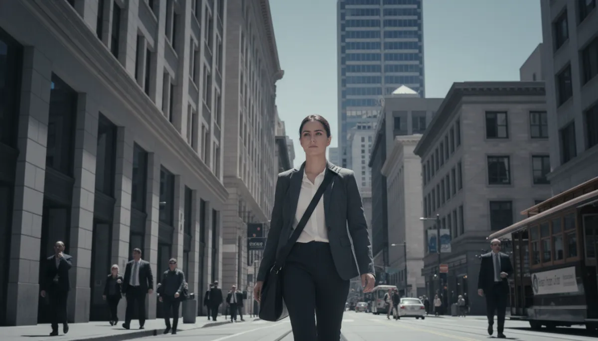 Founder walking determinedly toward a meeting building