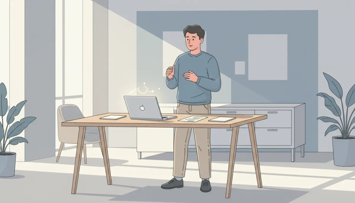 Founder rehearsing a pitch alone in an office with focused attention