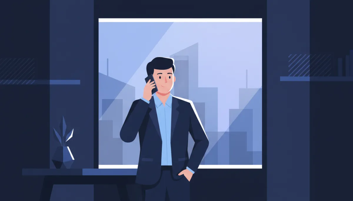 Founder speaking confidently on a phone call in a dark navy office