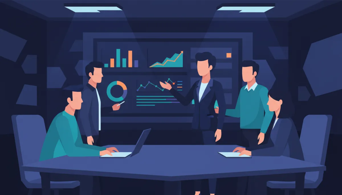 Founder and team reviewing sales results together in a dark navy meeting room
