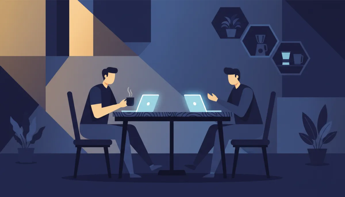 Two people having a relaxed business conversation over coffee