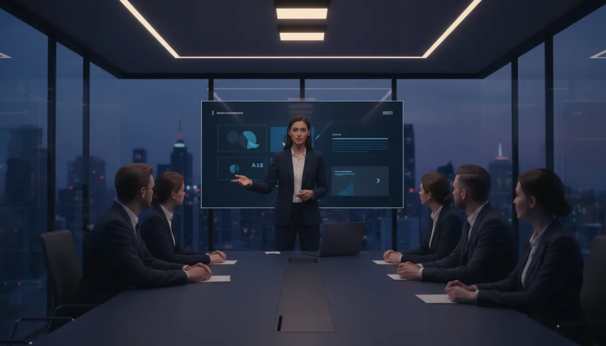 Founder pitching confidently in a modern boardroom with dark navy tones
