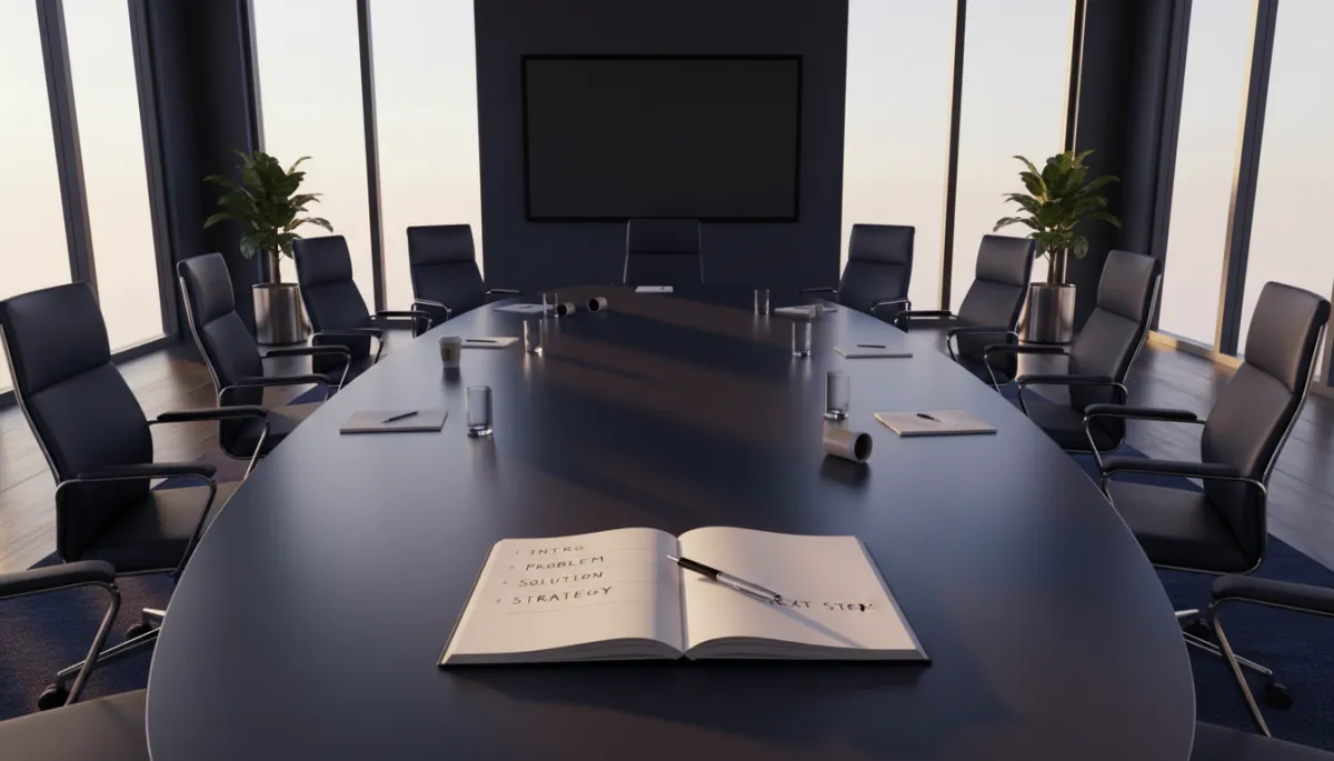 Conference room with pitch notes left open after a meeting