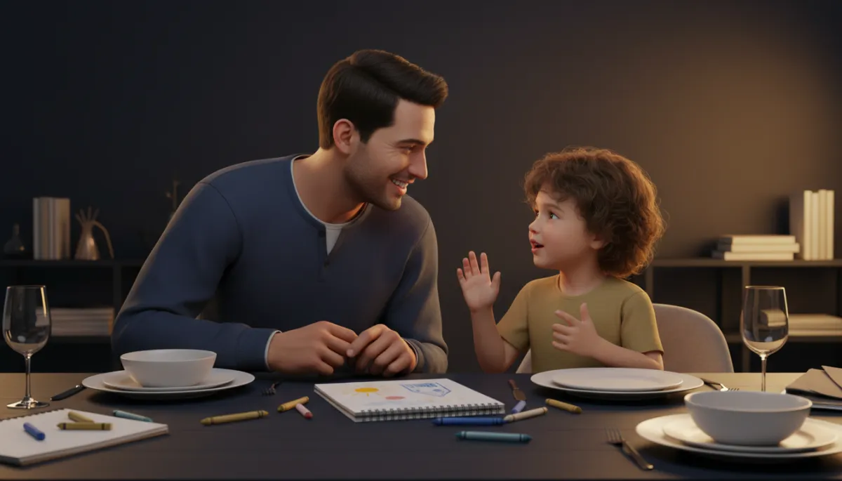 Father and child talking at a warm dinner table