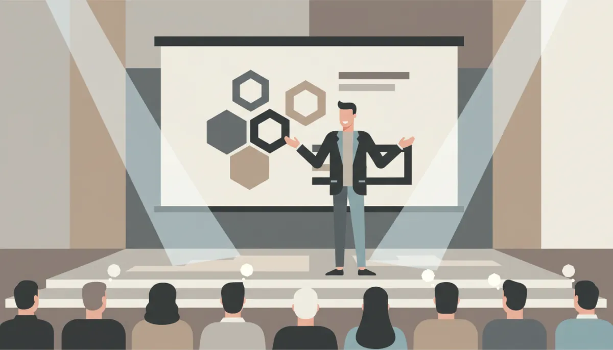 Founder presenting a product on stage to an engaged audience