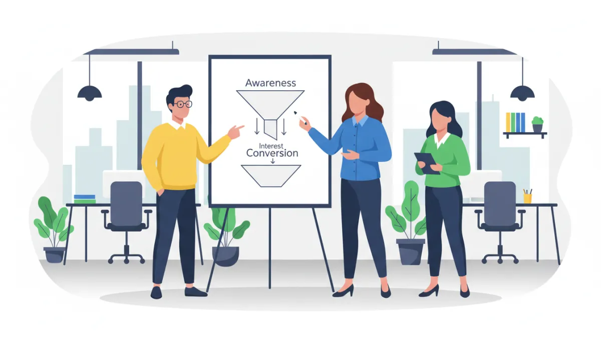 Founder at a whiteboard mapping a sales funnel with team