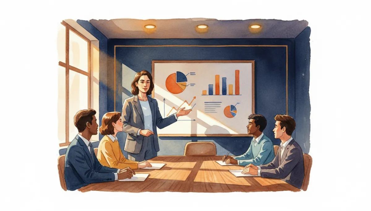 Confident founder presenting to their team in a dark navy office