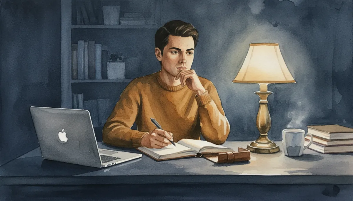 Founder journaling and reflecting at a dark navy desk