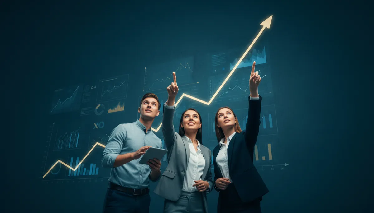 Upward growth chart in a teal-toned office with a small team