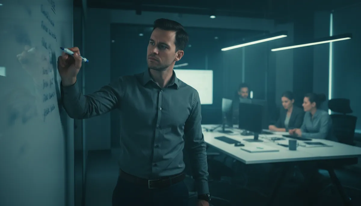 Startup founder writing a list of names on a whiteboard in a teal-toned office