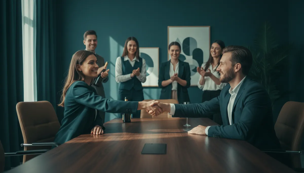 Founder shaking hands with a new client in a teal-toned office