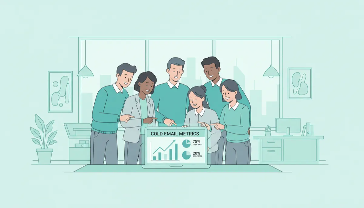 Startup team reviewing successful cold email metrics together