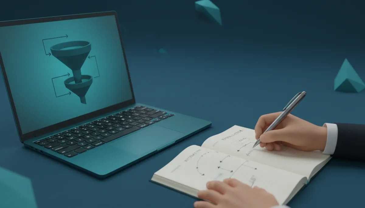 Founder writing a referral system in a notebook with teal accents