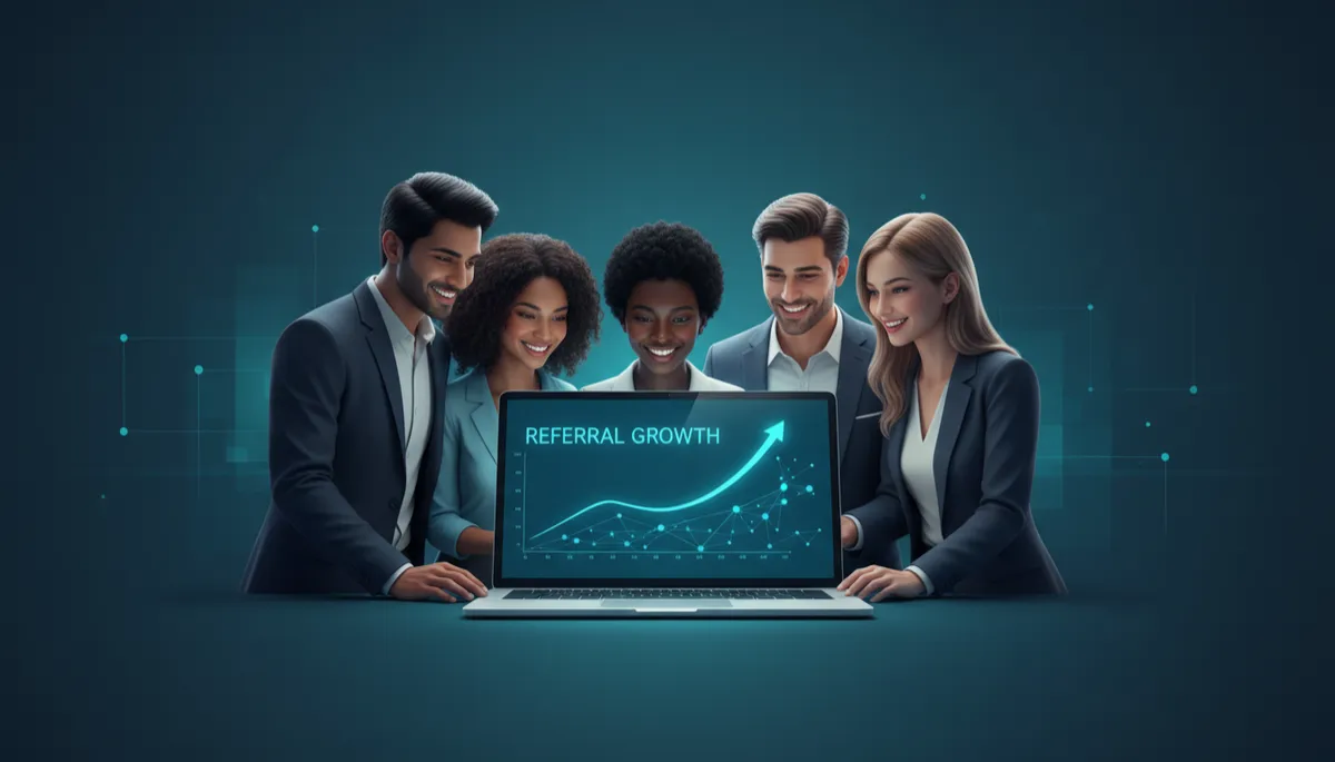 Startup team smiling around laptop with growing referral graph