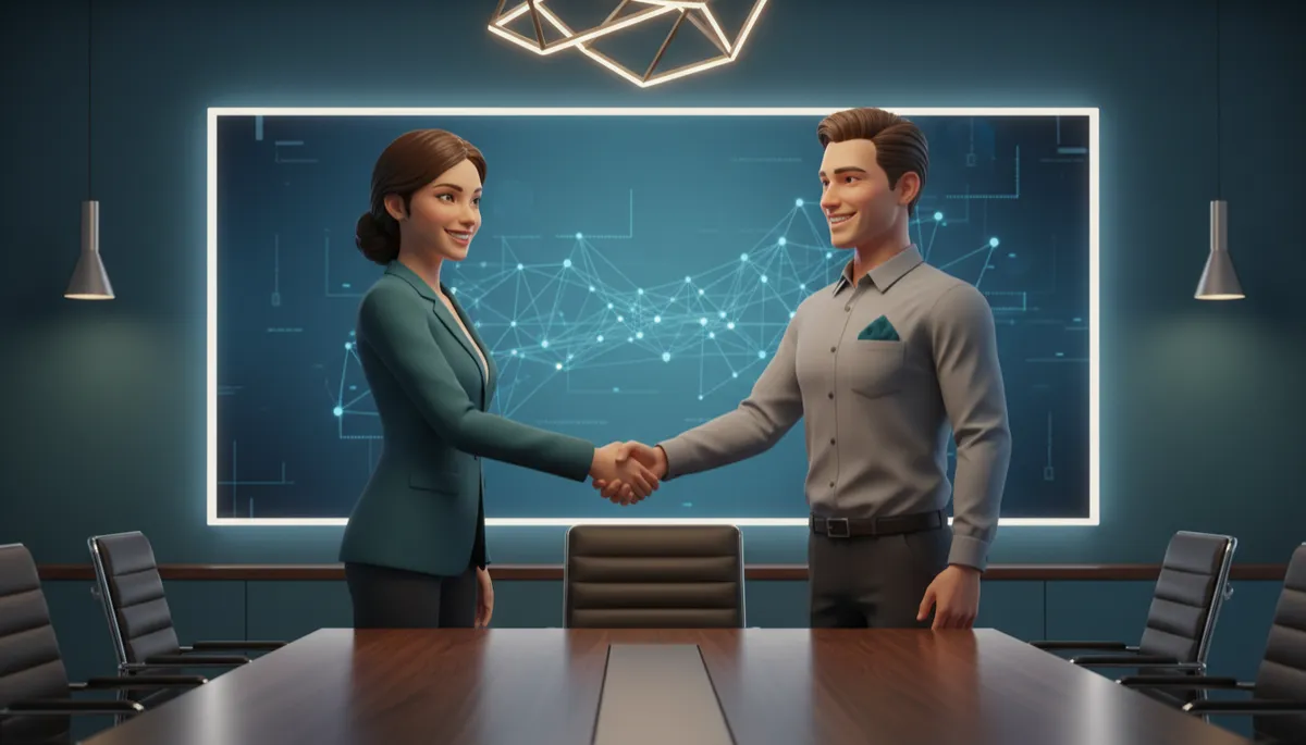 Two founders shaking hands in a warm office setting with teal accents