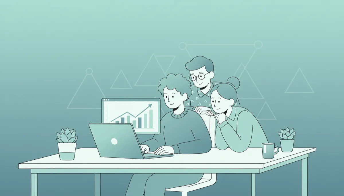 Founder and team reviewing steady organic growth metrics on a laptop