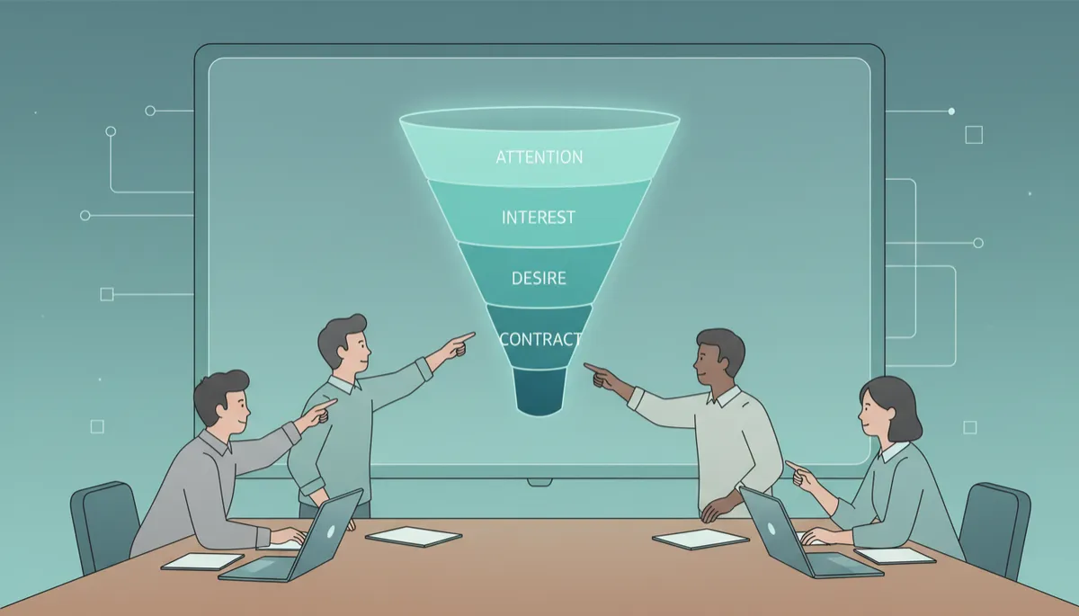 Teal-toned funnel visual showing stages of an organic client acquisition pipeline