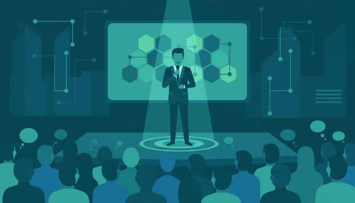 Founder speaking confidently on stage to engaged audience