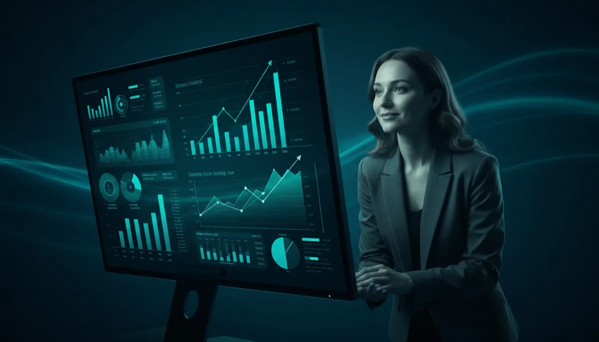 Founder reviewing growing analytics dashboard in a teal-toned office