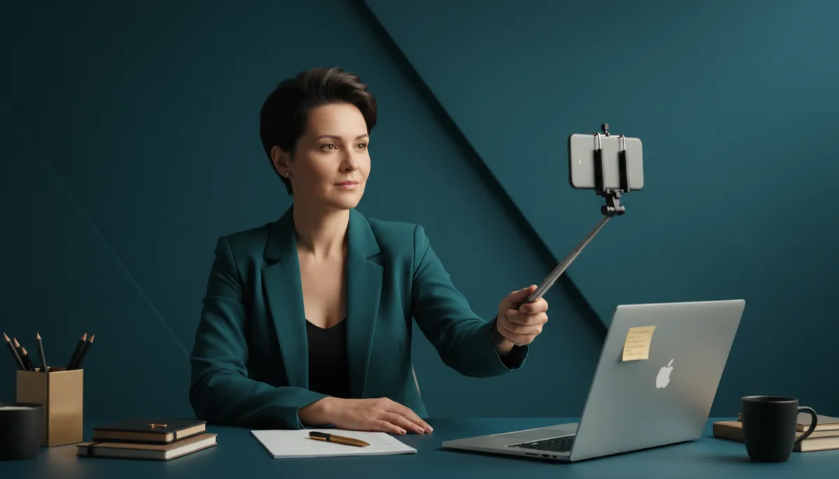 Founder recording content on a phone in a teal-toned workspace