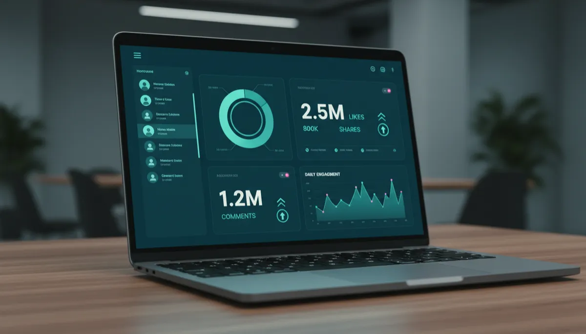 Laptop screen showing strong social media engagement metrics in teal tones