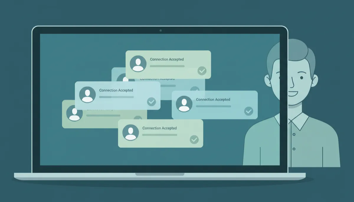 LinkedIn screen showing multiple accepted connection notifications in deep teal tones