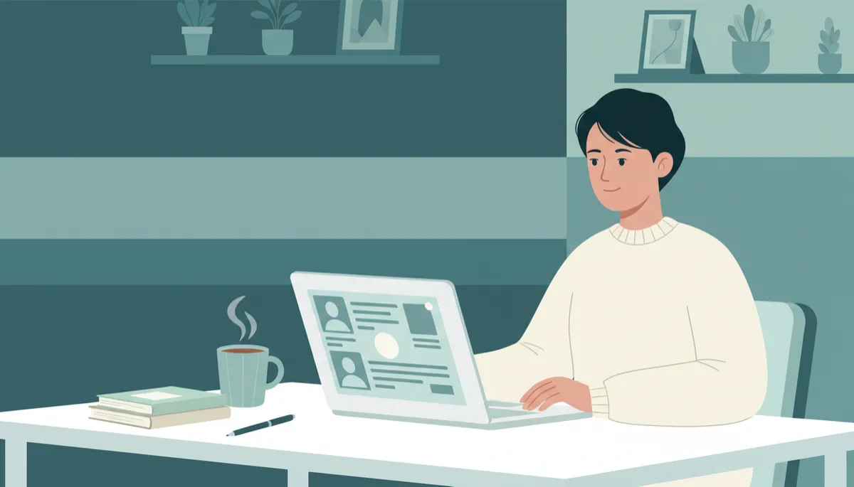 Founder reviewing LinkedIn investor profiles on a laptop in a deep teal workspace