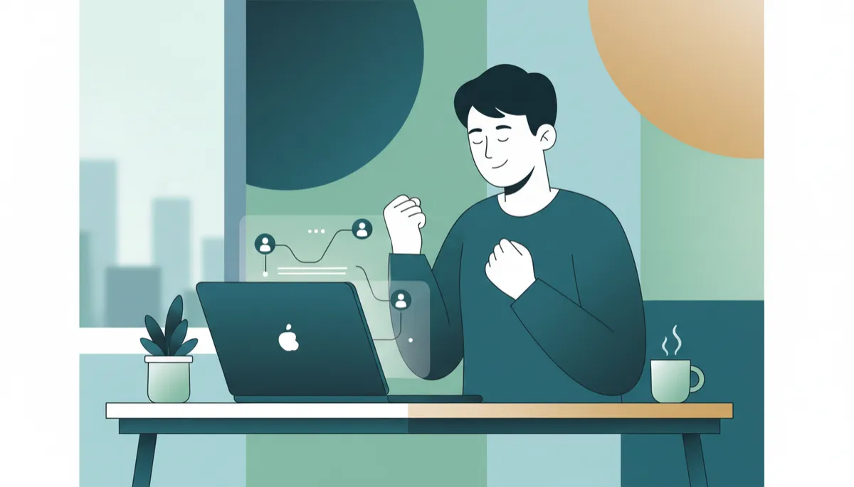 Founder quietly celebrating after closing a LinkedIn client in a deep teal home office