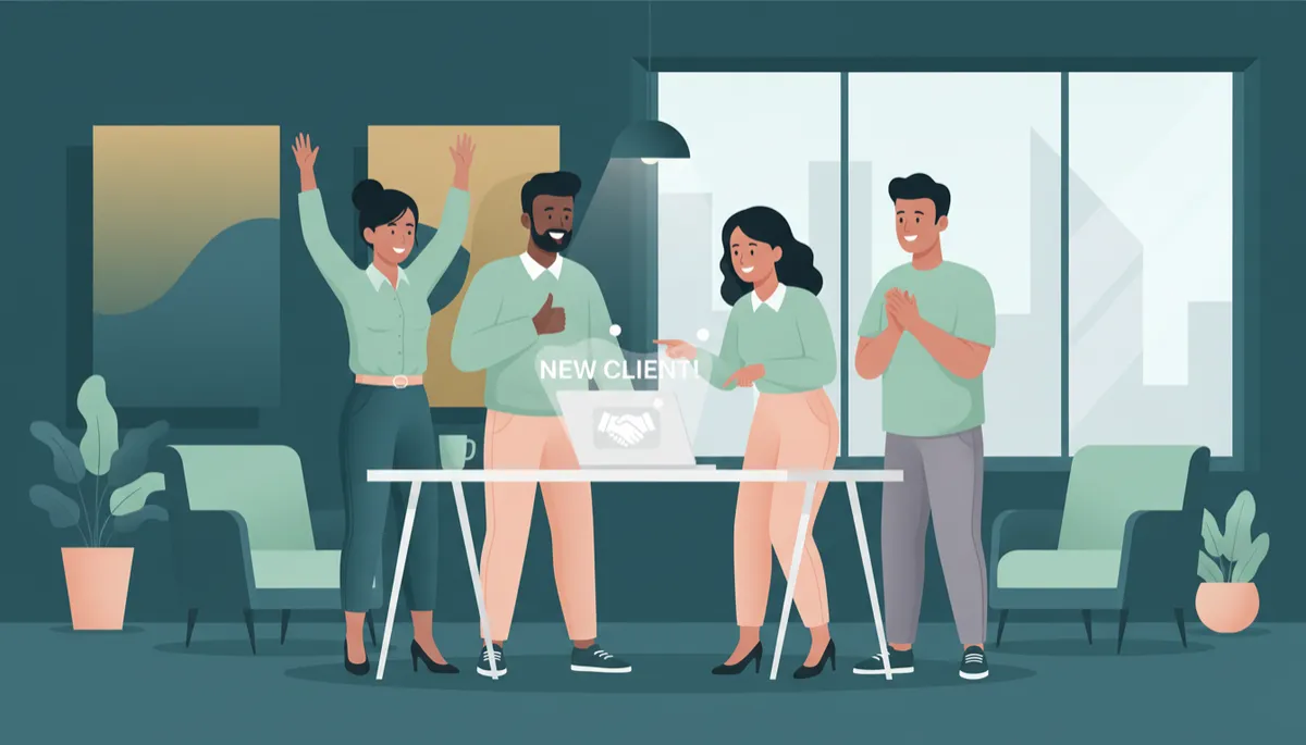 Founder team celebrating a new client notification from LinkedIn in a deep teal office