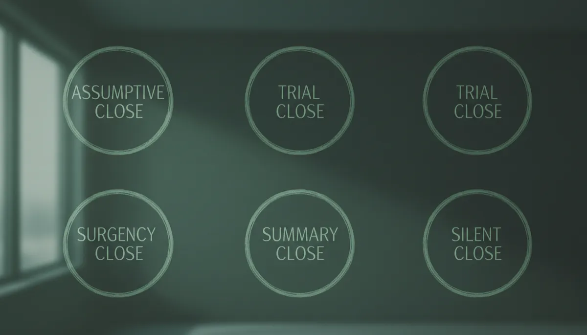 Whiteboard listing different closing techniques in a startup office