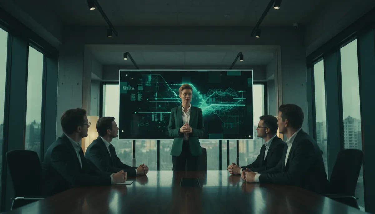 Founder presenting confidently to potential customers in a meeting room