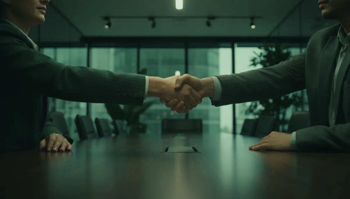 Handshake across a conference table in a modern office
