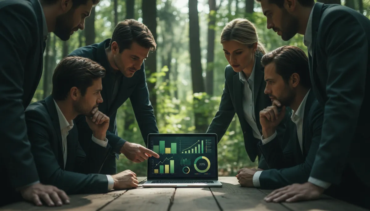 Startup team reviewing their sales progress together around a laptop