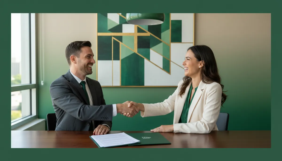 Founder shaking hands across a table after closing a deal