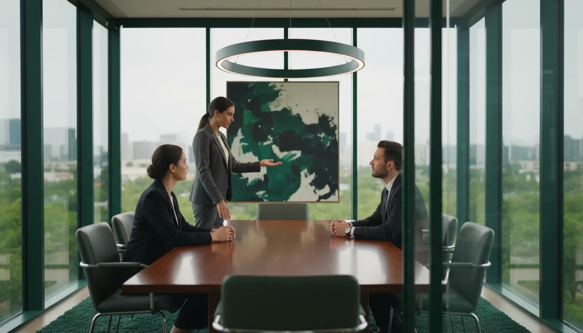 Founder standing in a meeting room making a clear ask to buyers