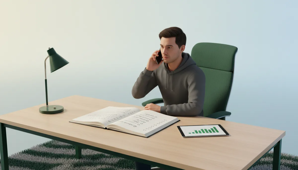 Founder on focused phone call with notes and checklist