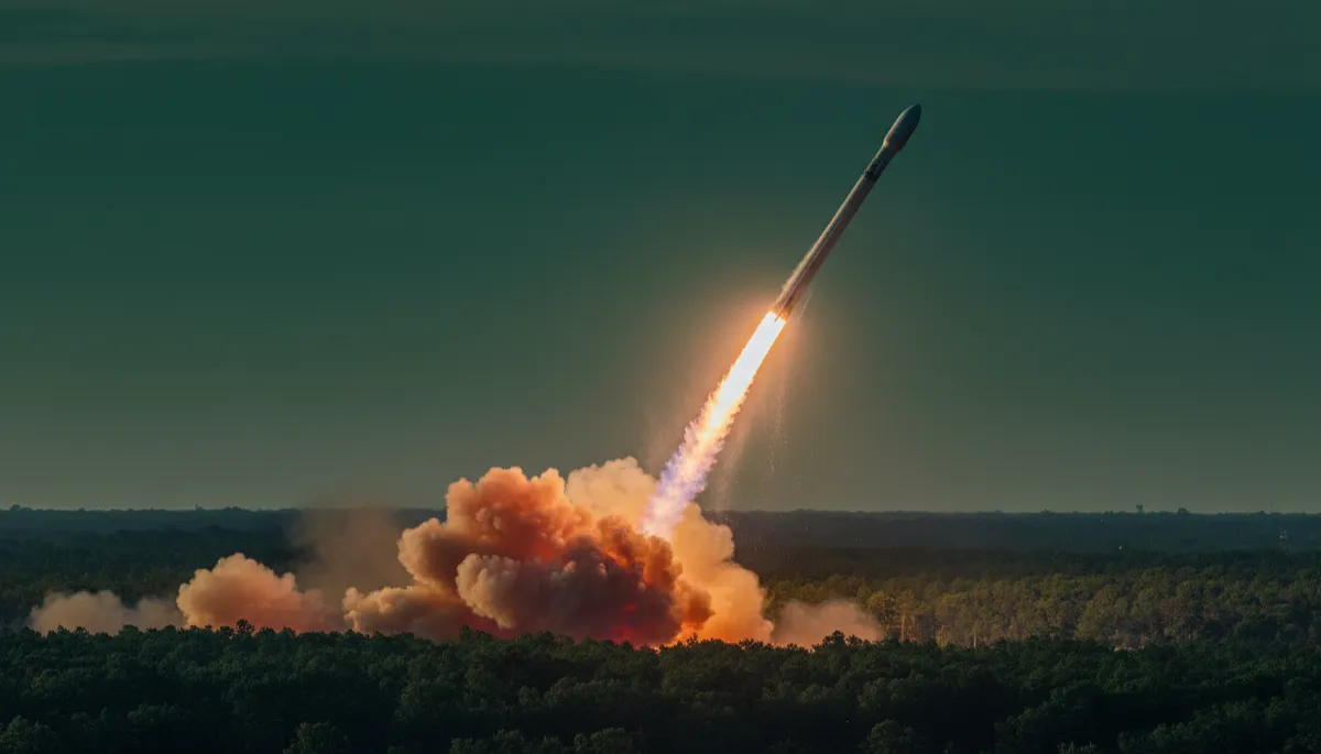 SpaceX rocket launch with deep forest green tones