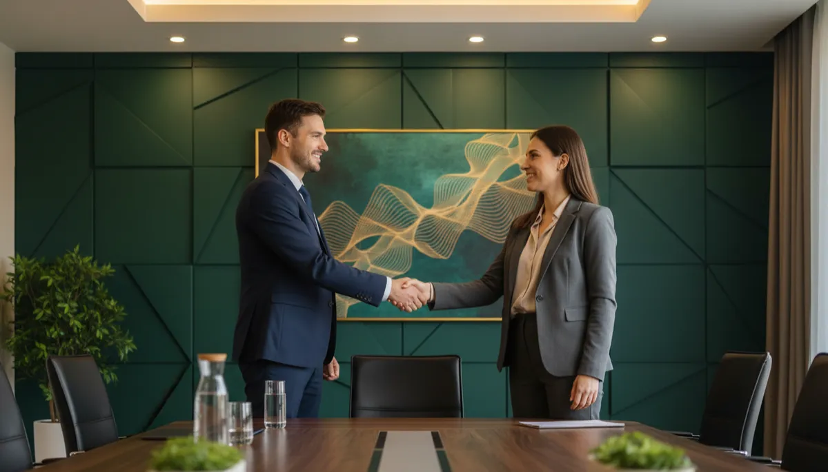 Founder and buyer shaking hands quickly and confidently