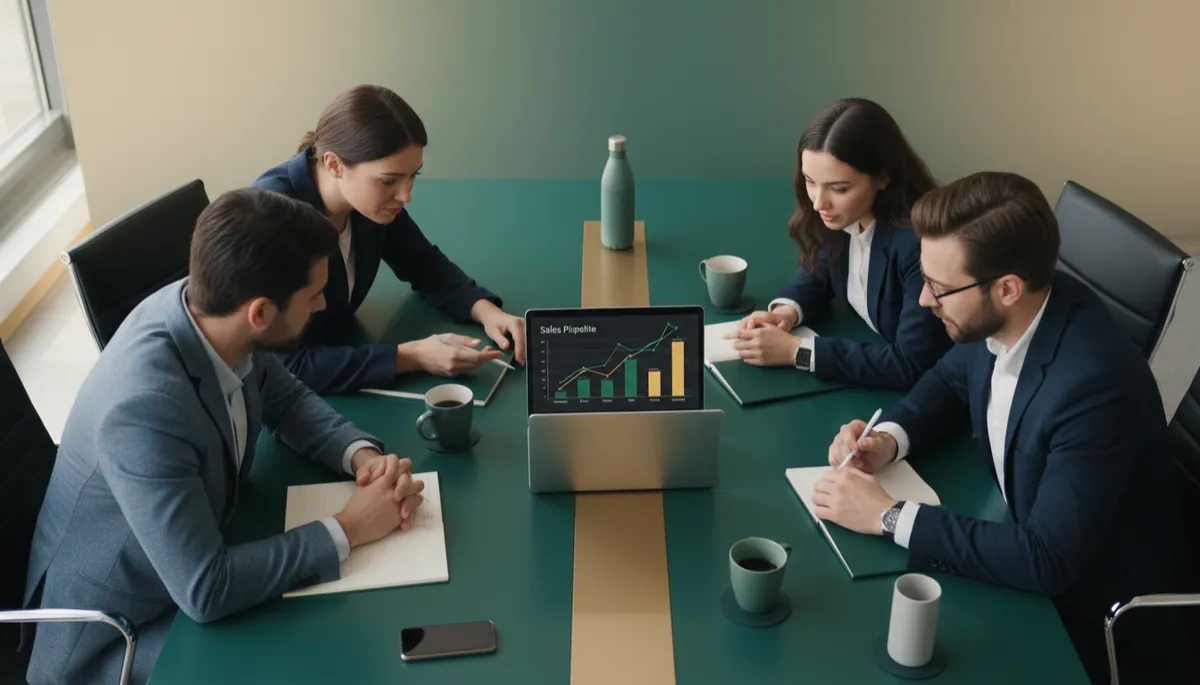 professional photorealistic overhead shot of a startup sales team collaborating around a table with deep forest green accents, reviewing a shorter sales pipeline on a laptop screen