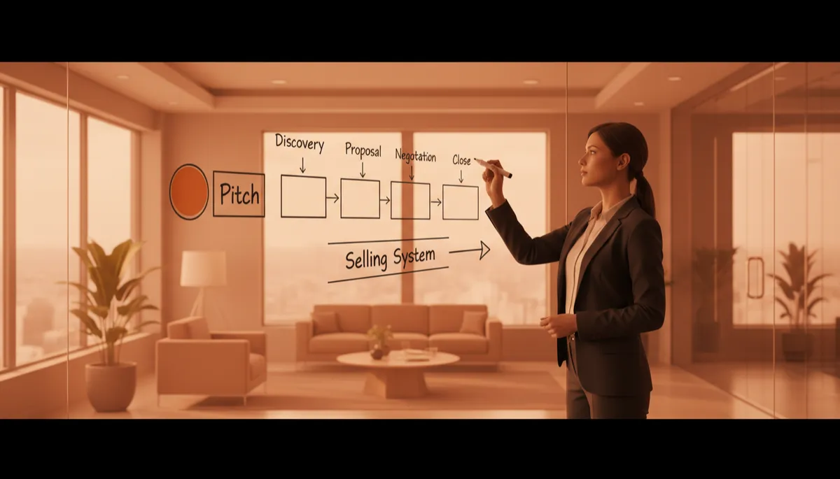 professional photorealistic warm burnt orange #9a3412 toned scene of a founder in a modern office whiteboarding a simple five-step flow, with 'Pitch' circled and highlighted as the first step in a larger selling system