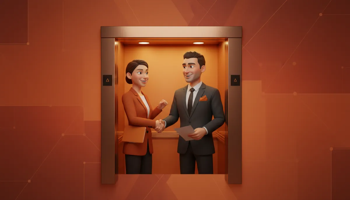 professional photorealistic startup founder and investor stepping out of an elevator in warm burnt orange #9a3412 tones, mid-handshake, both smiling as if after a clear successful pitch