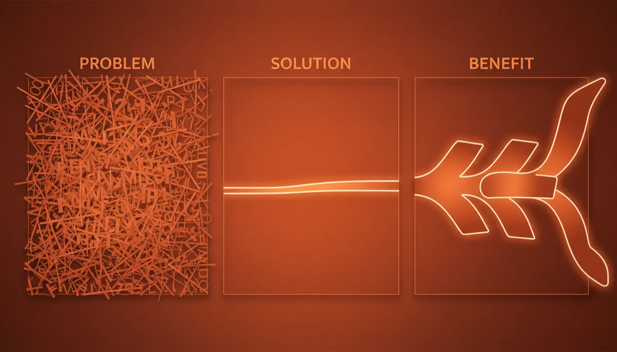 professional photorealistic three-panel diagram in warm burnt orange #9a3412 tones showing Problem-Solution-Benefit elevator pitch structure; left panel dense crossed-out text, center simple problem line, right bold three-word pitch highlighted