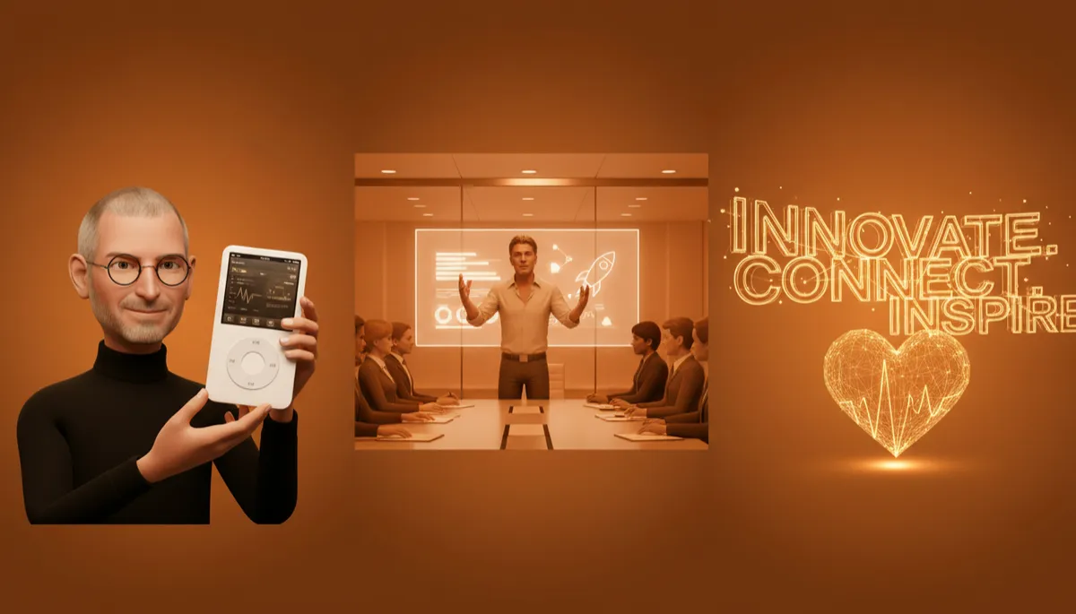 professional photorealistic scene in warm burnt orange #9a3412 tones showing a sleek three-part storyboard: Steve Jobs holding an iPod with '1,000 songs in your pocket' text, Richard Branson pitching in a meeting room, and a simple emotional phrase highlighted