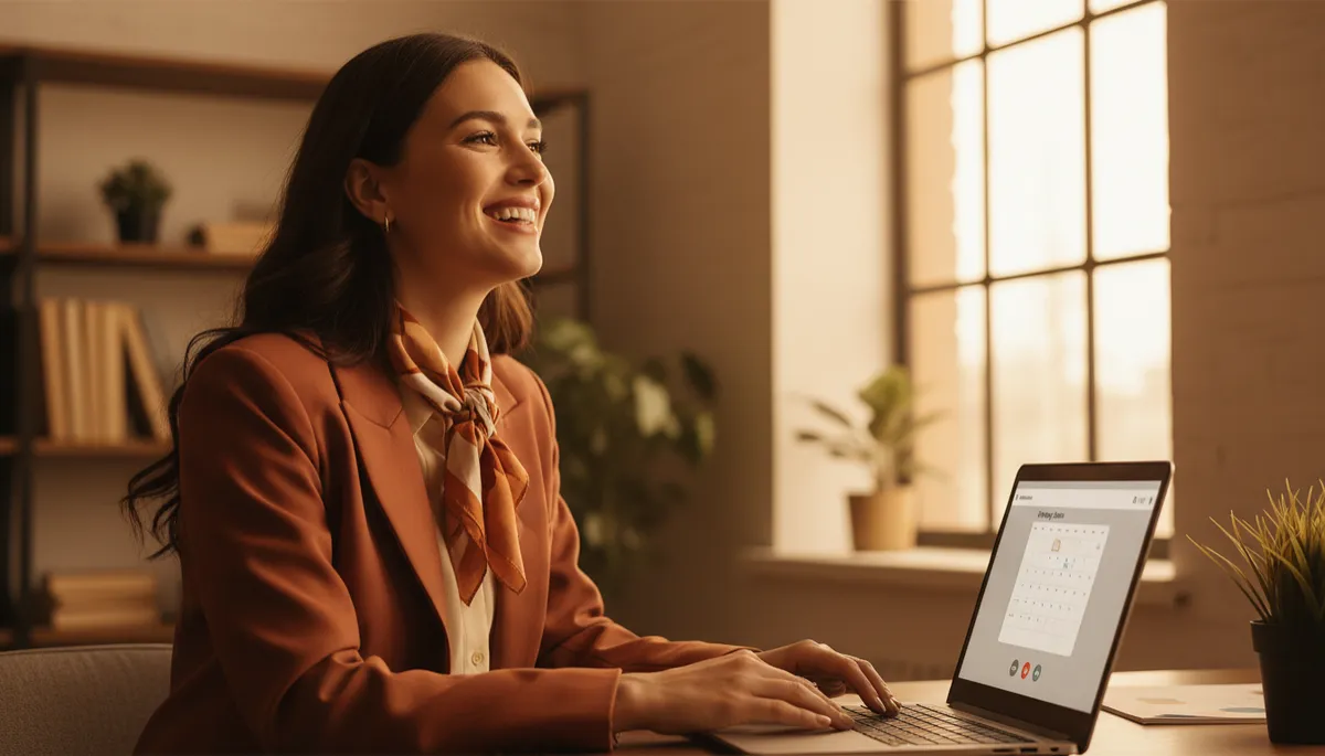 professional photorealistic startup founder in burnt orange #9a3412 tones ending a video call, smiling with relief, laptop showing calendar with second meeting booked, soft office background